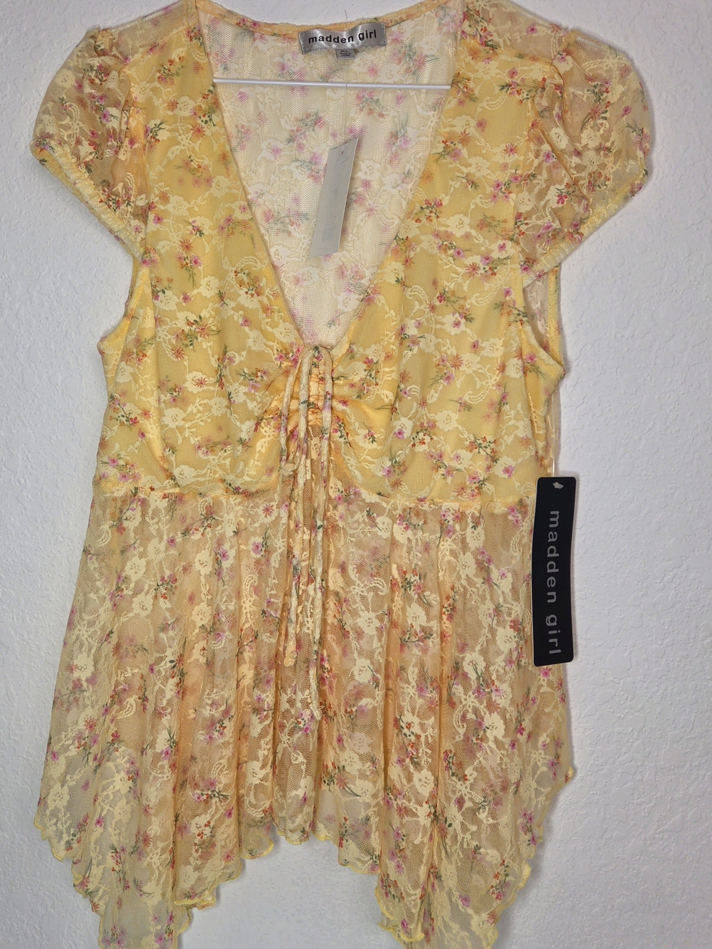 Madden Girl Yellow Floral Lace Tie-Front Top